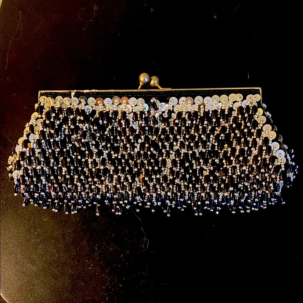 Black Beaded Clutch with Silver Accents